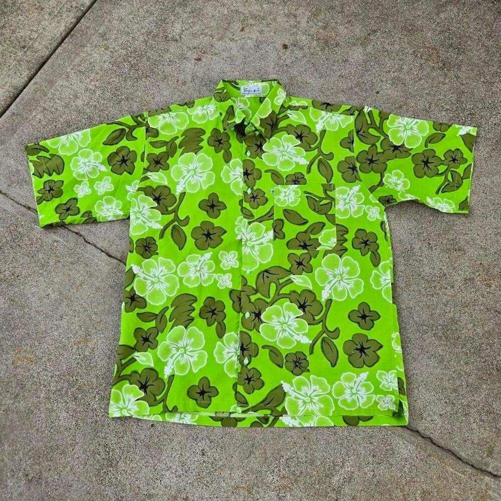 Vtg TONY'S MAN Multicolor Flowers Pattern Beach Surf Button Up Shirt Green XL